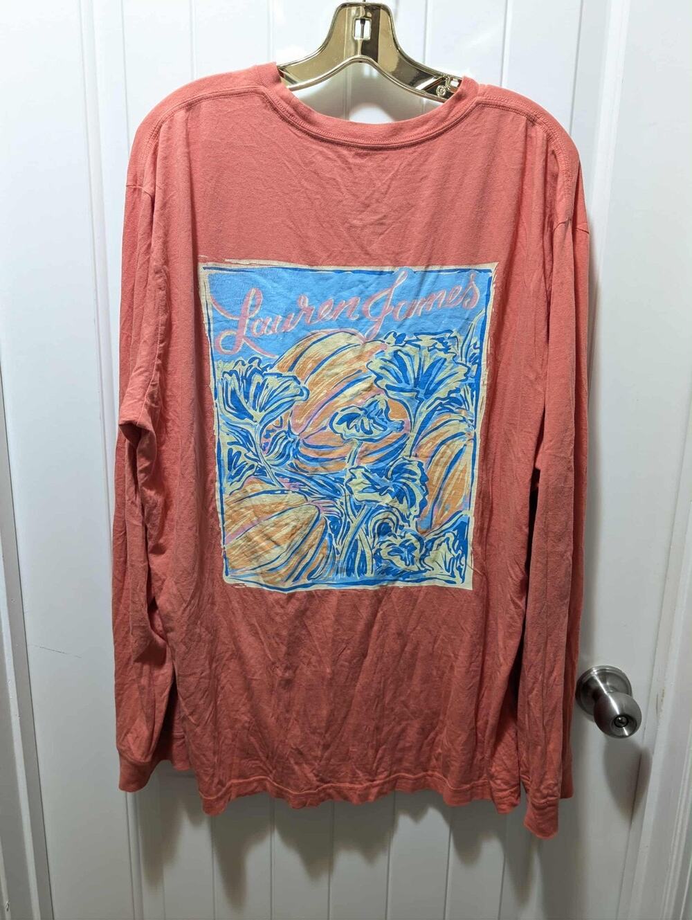 Lauren James Fall Pumpkins Front Pocket Coral Long Sleeve T-Shirt Size L